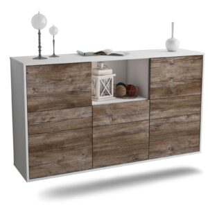 Sideboard Pomona | hängend | Korpus Weiß | Front in Treibholz Holz Optik | 136x79x35cm (BxHxT)