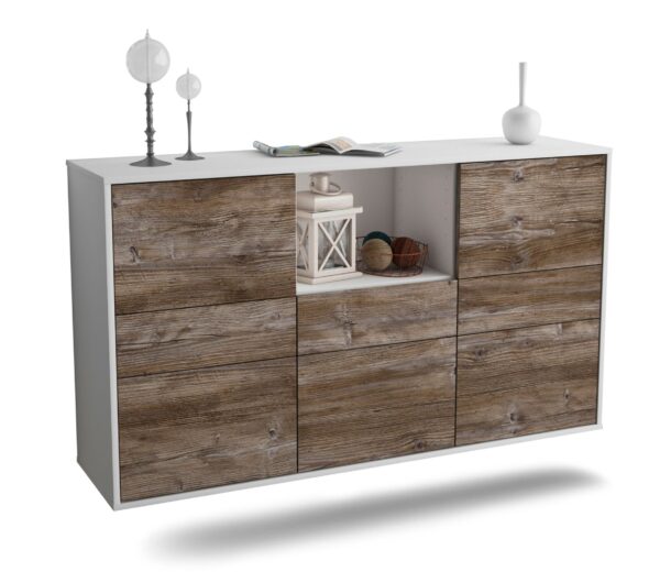 Sideboard Pomona | hängend | Korpus Weiß | Front in Treibholz Holz Optik | 136x79x35cm (BxHxT)