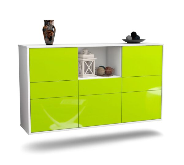 Sideboard Pomona | hängend | Korpus Weiß | Front in Hochglanz Grün | 136x79x35cm (BxHxT)