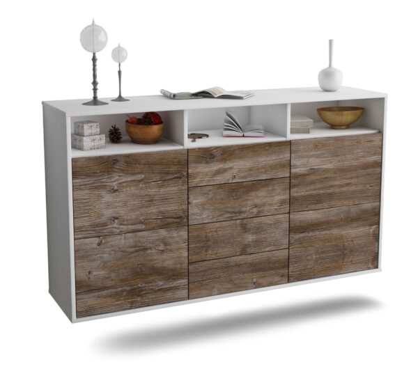 Sideboard Salem | hängend | Korpus Weiß | Front in Treibholz Holz Optik | 136x79x35cm (BxHxT)
