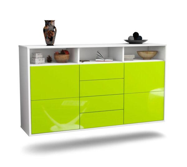Sideboard Salem | hängend | Korpus Weiß | Front in Hochglanz Grün | 136x79x35cm (BxHxT)