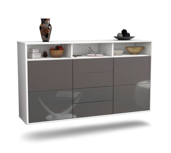 Sideboard Salem | hängend | Korpus Weiß | Front in Hochglanz Grau | 136x79x35cm (BxHxT)
