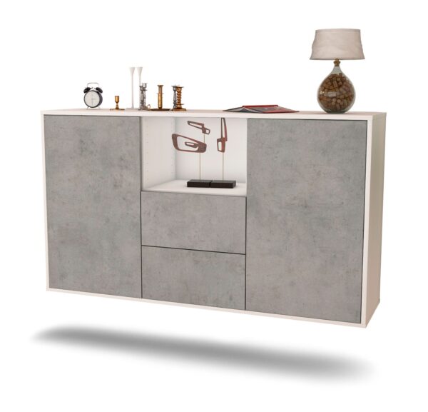 Sideboard Port St. Lucie | hängend | Korpus Weiß | Front in Beton Optik | 136x79x35cm (BxHxT)