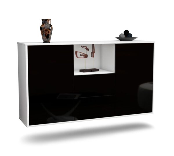 Sideboard Port St. Lucie | hängend | Korpus Weiß | Front in Hochglanz Schwarz | 136x79x35cm (BxHxT)