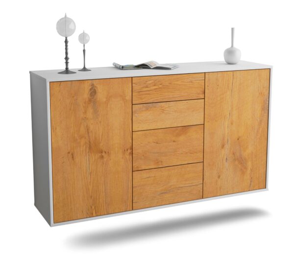 Sideboard Corona | hängend | Korpus Weiß | Front in Eiche Holz Optik | 136x79x35cm (BxHxT)