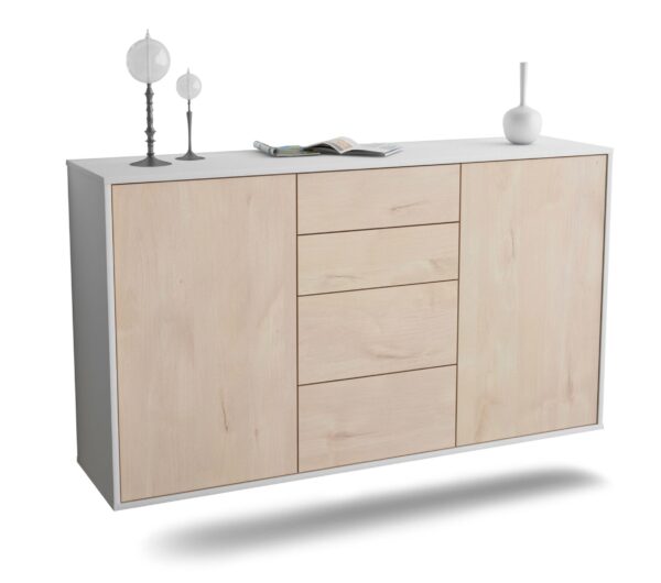 Sideboard Corona | hängend | Korpus Weiß | Front in Zeder Holz Optik | 136x79x35cm (BxHxT)