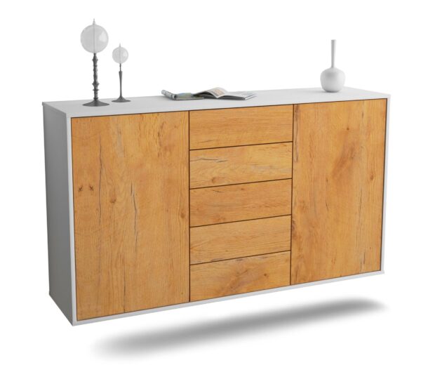 Sideboard Pembroke Pines | hängend | Korpus Weiß | Front in Eiche Holz Optik | 136x79x35cm (BxHxT)