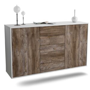 Sideboard Pembroke Pines | hängend | Korpus Weiß | Front in Treibholz Holz Optik | 136x79x35cm (BxHxT)