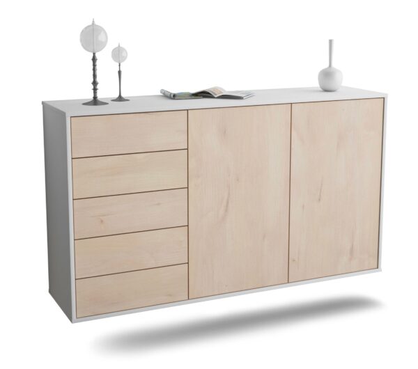 Sideboard Peoria | hängend | Korpus Weiß | Front in Zeder Holz Optik | 136x79x35cm (BxHxT)