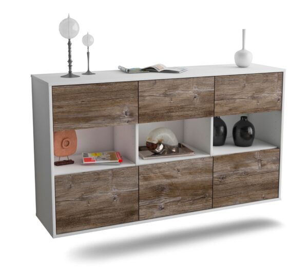 Sideboard Paterson | hängend | Korpus Weiß | Front in Treibholz Holz Optik | 136x79x35cm (BxHxT)