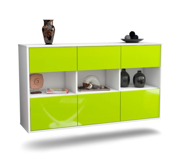 Sideboard Paterson | hängend | Korpus Weiß | Front in Hochglanz Grün | 136x79x35cm (BxHxT)