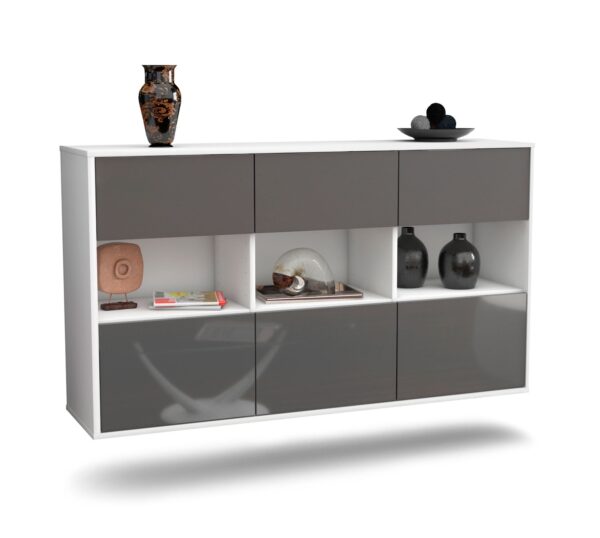 Sideboard Paterson | hängend | Korpus Weiß | Front in Hochglanz Grau | 136x79x35cm (BxHxT)