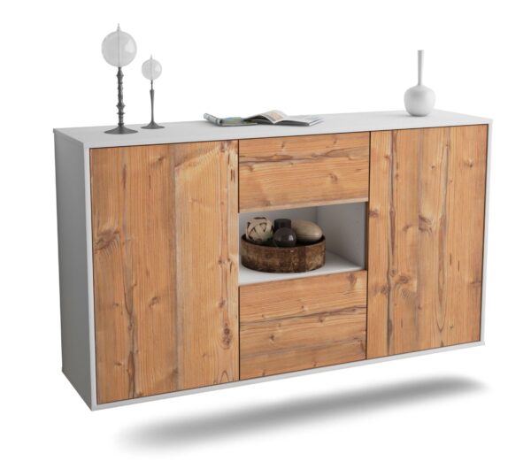 Sideboard Pasadena | hängend | Korpus Weiß | Front in Pinie Holz Optik | 136x79x35cm (BxHxT)