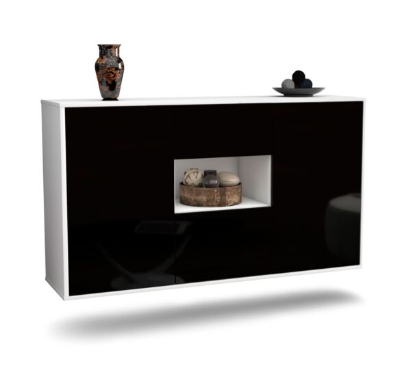 Sideboard Pasadena | hängend | Korpus Weiß | Front in Hochglanz Schwarz | 136x79x35cm (BxHxT)
