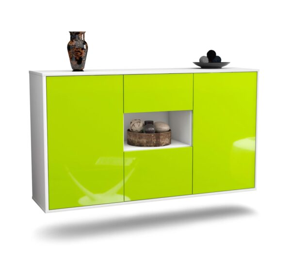 Sideboard Pasadena | hängend | Korpus Weiß | Front in Hochglanz Grün | 136x79x35cm (BxHxT)