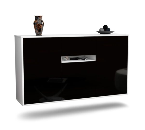 Sideboard Hampton | hängend | Korpus Weiß | Front in Hochglanz Schwarz | 136x79x35cm (BxHxT)