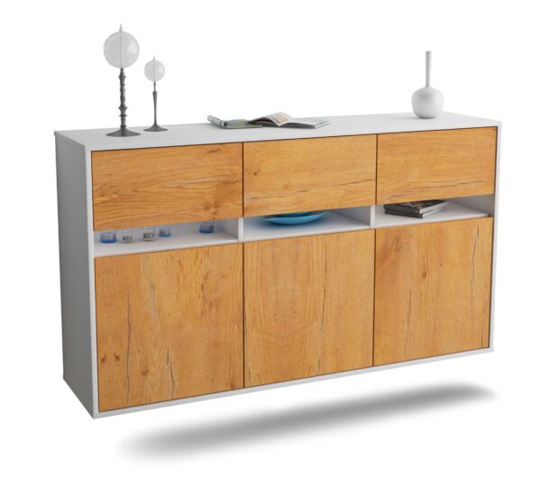 Sideboard Joliet | hängend | Korpus Weiß | Front in Eiche Holz Optik | 136x79x35cm (BxHxT)