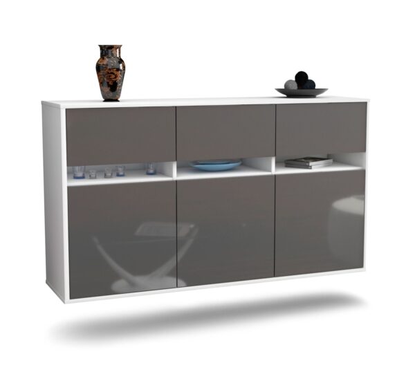 Sideboard Joliet | hängend | Korpus Weiß | Front in Hochglanz Grau | 136x79x35cm (BxHxT)