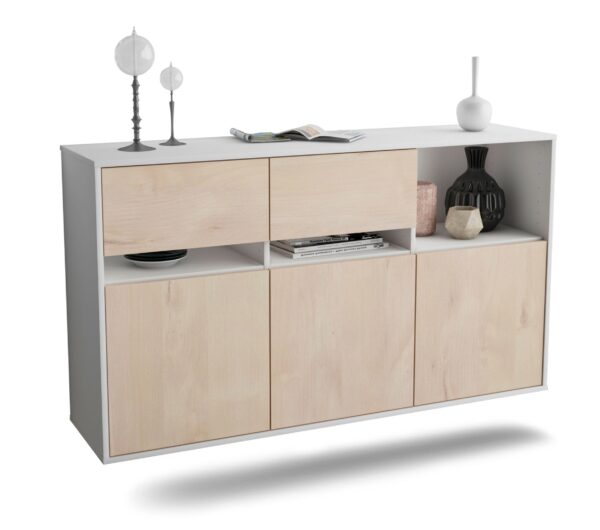 Sideboard Enterprise | hängend | Korpus Weiß | Front in Zeder Holz Optik | 136x79x35cm (BxHxT)