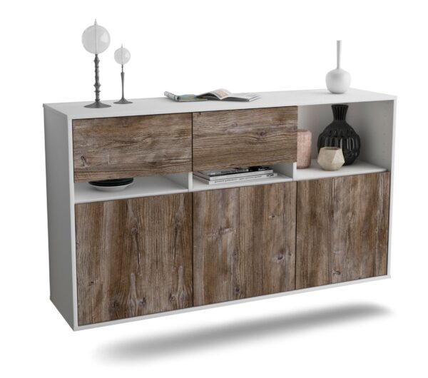 Sideboard Enterprise | hängend | Korpus Weiß | Front in Treibholz Holz Optik | 136x79x35cm (BxHxT)