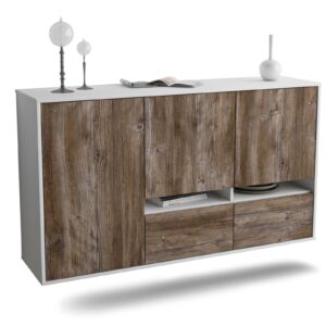 Sideboard Lancaster | hängend | Korpus Weiß | Front in Treibholz Holz Optik | 136x79x35cm (BxHxT)