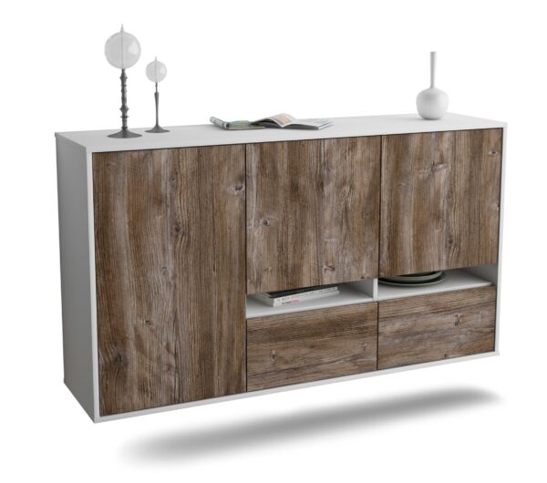Sideboard Lancaster | hängend | Korpus Weiß | Front in Treibholz Holz Optik | 136x79x35cm (BxHxT)
