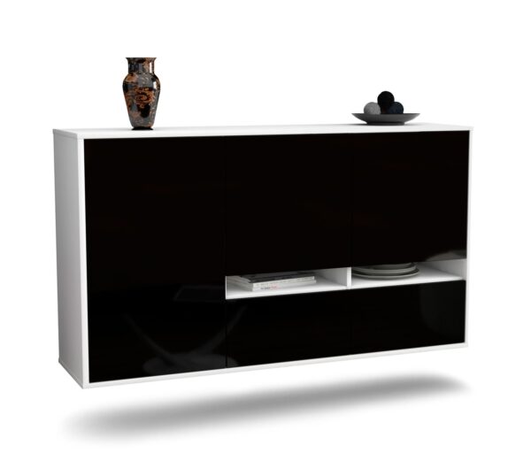 Sideboard Lancaster | hängend | Korpus Weiß | Front in Hochglanz Schwarz | 136x79x35cm (BxHxT)