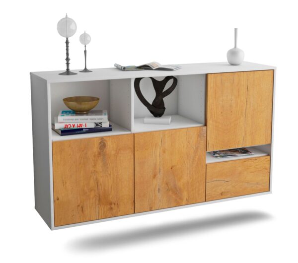Sideboard Salinas | hängend | Korpus Weiß | Front in Eiche Holz Optik | 136x79x35cm (BxHxT)