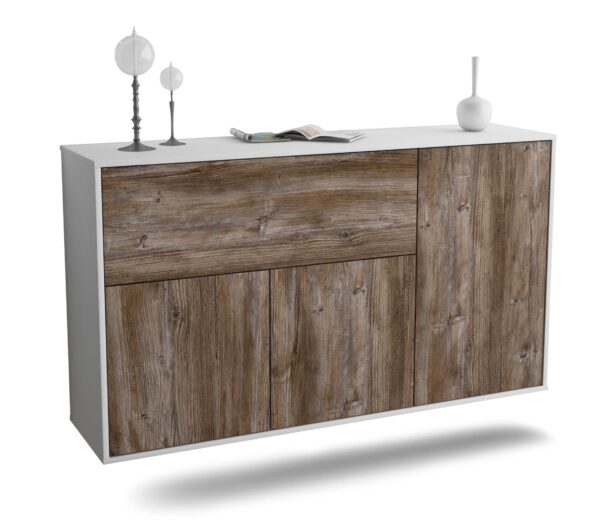 Sideboard Naperville | hängend | Korpus Weiß | Front in Treibholz Holz Optik | 136x79x35cm (BxHxT)