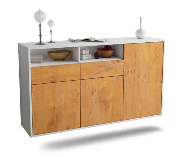 Sideboard Hollywood | hängend | Korpus Weiß | Front in Eiche Holz Optik | 136x79x35cm (BxHxT)