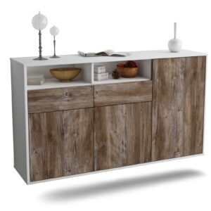 Sideboard Hollywood | hängend | Korpus Weiß | Front in Treibholz Holz Optik | 136x79x35cm (BxHxT)