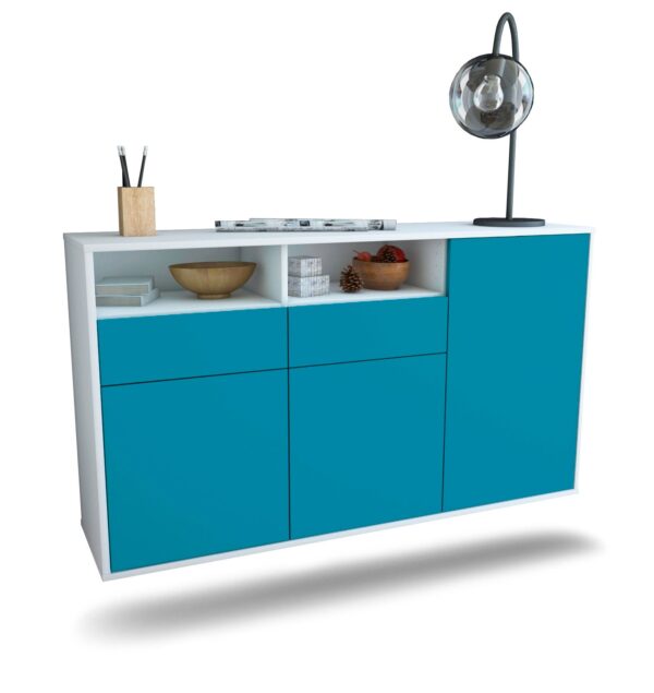 Sideboard Hollywood | hängend | Korpus Weiß | Front in Türkis | 136x79x35cm (BxHxT)