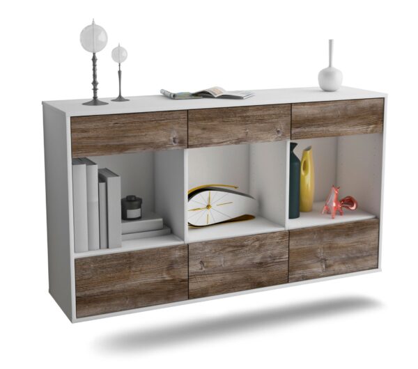 Sideboard Torrance | hängend | Korpus Weiß | Front in Treibholz Holz Optik | 136x79x35cm (BxHxT)