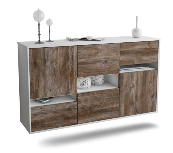 Sideboard Hayward | hängend | Korpus Weiß | Front in Treibholz Holz Optik | 136x79x35cm (BxHxT)