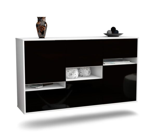 Sideboard Hayward | hängend | Korpus Weiß | Front in Hochglanz Schwarz | 136x79x35cm (BxHxT)