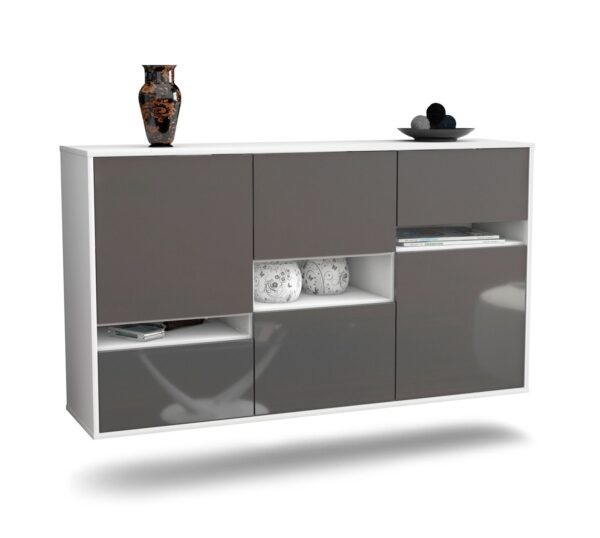 Sideboard Hayward | hängend | Korpus Weiß | Front in Hochglanz Grau | 136x79x35cm (BxHxT)