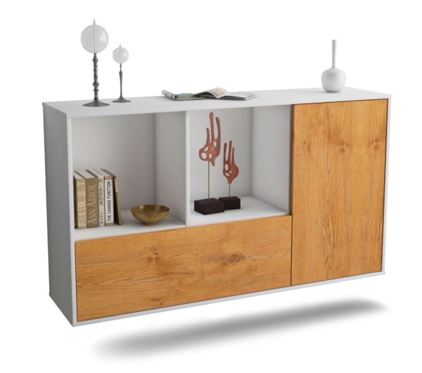 Sideboard Palmdale | hängend | Korpus Weiß | Front in Eiche Holz Optik | 136x79x35cm (BxHxT)