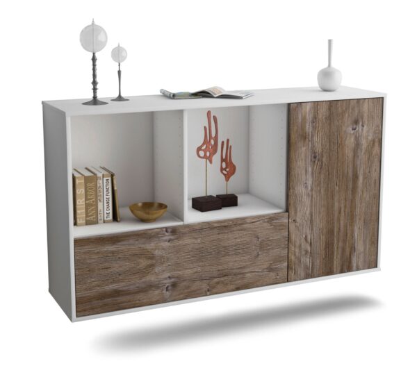 Sideboard Palmdale | hängend | Korpus Weiß | Front in Treibholz Holz Optik | 136x79x35cm (BxHxT)