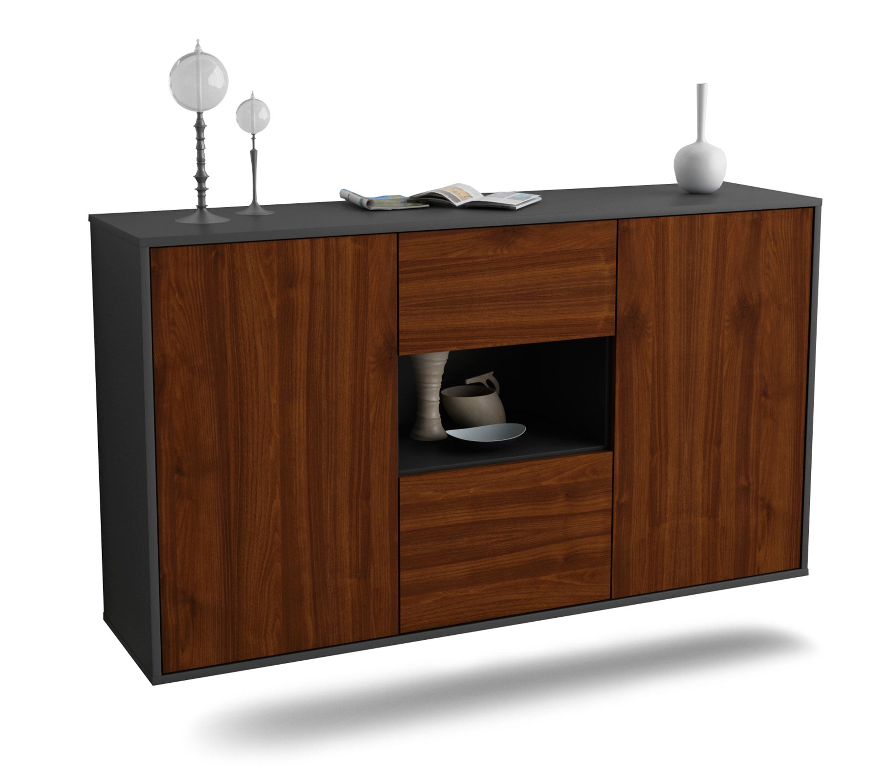 Sideboard Tallahassee | hängend | Korpus Anthrazit | Front in Walnuss Holz Optik | 136x79x35cm (BxHxT) 1 Sideboard Tallahassee | hängend | Korpus Anthrazit | Front in Walnuss Holz Optik | 136x79x35cm (BxHxT)