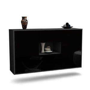 Sideboard Tallahassee | hängend | Korpus Anthrazit | Front in Hochglanz Schwarz | 136x79x35cm (BxHxT)