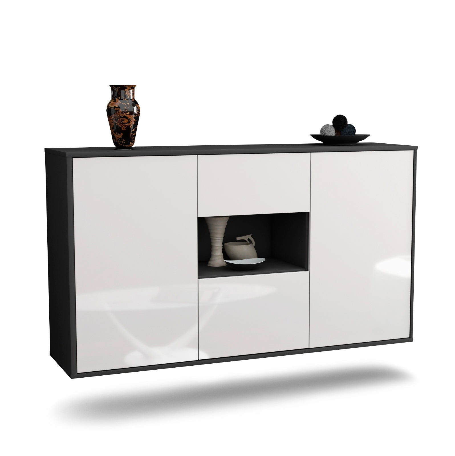 Sideboard Tallahassee | hängend | Korpus Anthrazit | Front in Hochglanz Weiß | 136x79x35cm (BxHxT) 1 Sideboard Tallahassee | hängend | Korpus Anthrazit | Front in Hochglanz Weiß | 136x79x35cm (BxHxT)