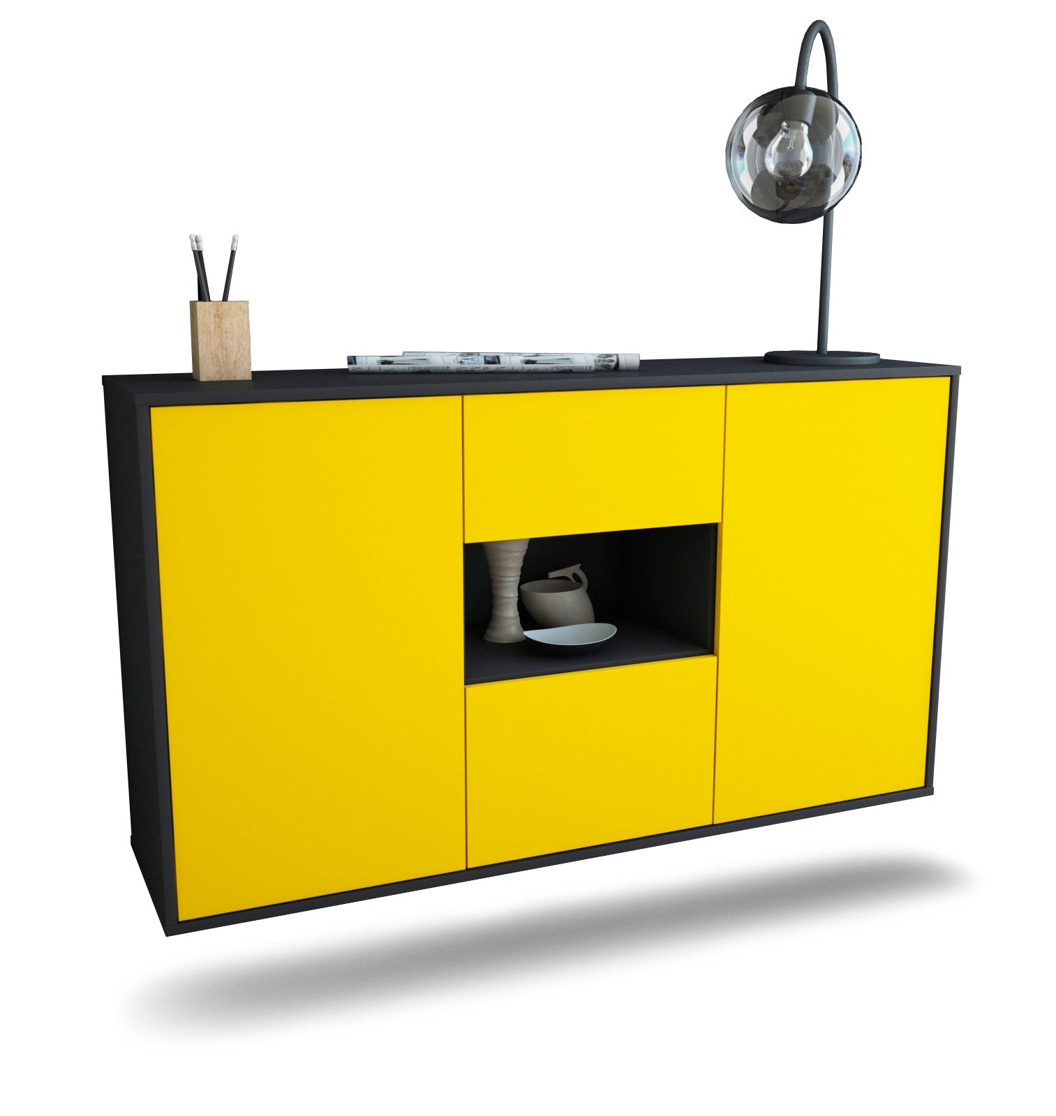Sideboard Tallahassee | hängend | Korpus Anthrazit | Front in Gelb | 136x79x35cm (BxHxT) 1 Sideboard Tallahassee | hängend | Korpus Anthrazit | Front in Gelb | 136x79x35cm (BxHxT)