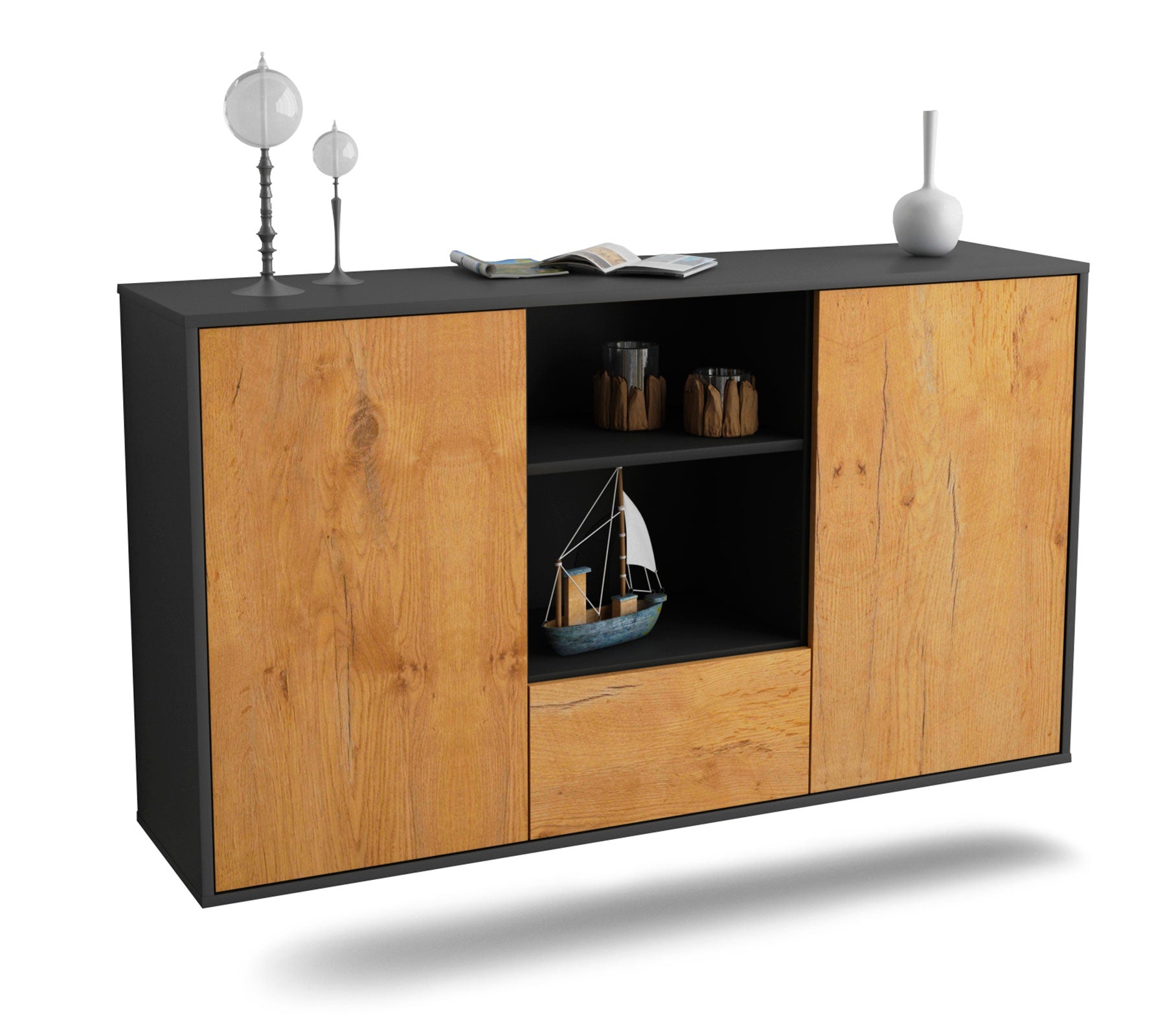 Sideboard Oceanside | hängend | Korpus Anthrazit | Front in Eiche Holz Optik | 136x79x35cm (BxHxT) 1 Sideboard Oceanside | hängend | Korpus Anthrazit | Front in Eiche Holz Optik | 136x79x35cm (BxHxT)