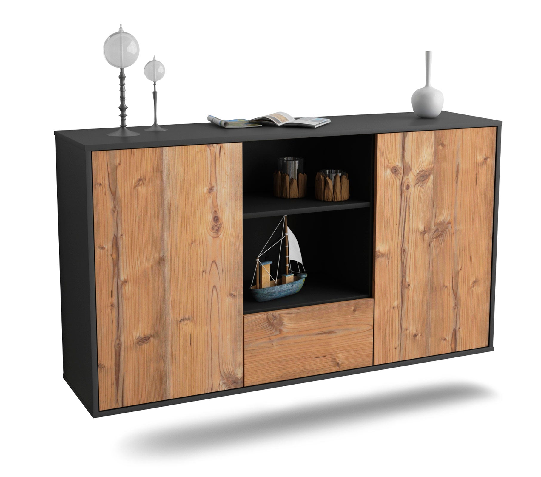 Sideboard Oceanside | hängend | Korpus Anthrazit | Front in Pinie Holz Optik | 136x79x35cm (BxHxT) 1 Sideboard Oceanside | hängend | Korpus Anthrazit | Front in Pinie Holz Optik | 136x79x35cm (BxHxT)