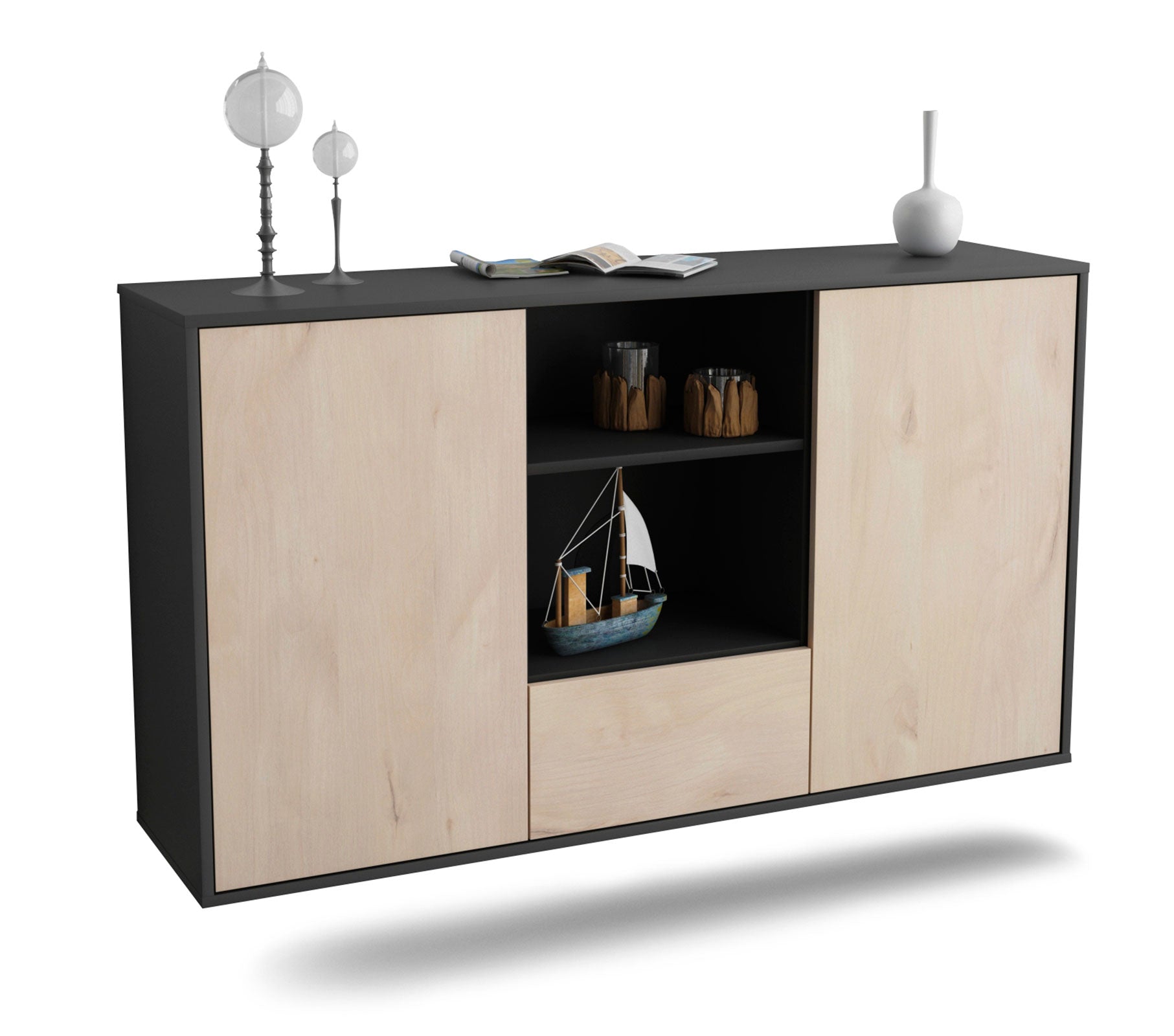 Sideboard Oceanside | hängend | Korpus Anthrazit | Front in Zeder Holz Optik | 136x79x35cm (BxHxT) 1 Sideboard Oceanside | hängend | Korpus Anthrazit | Front in Zeder Holz Optik | 136x79x35cm (BxHxT)