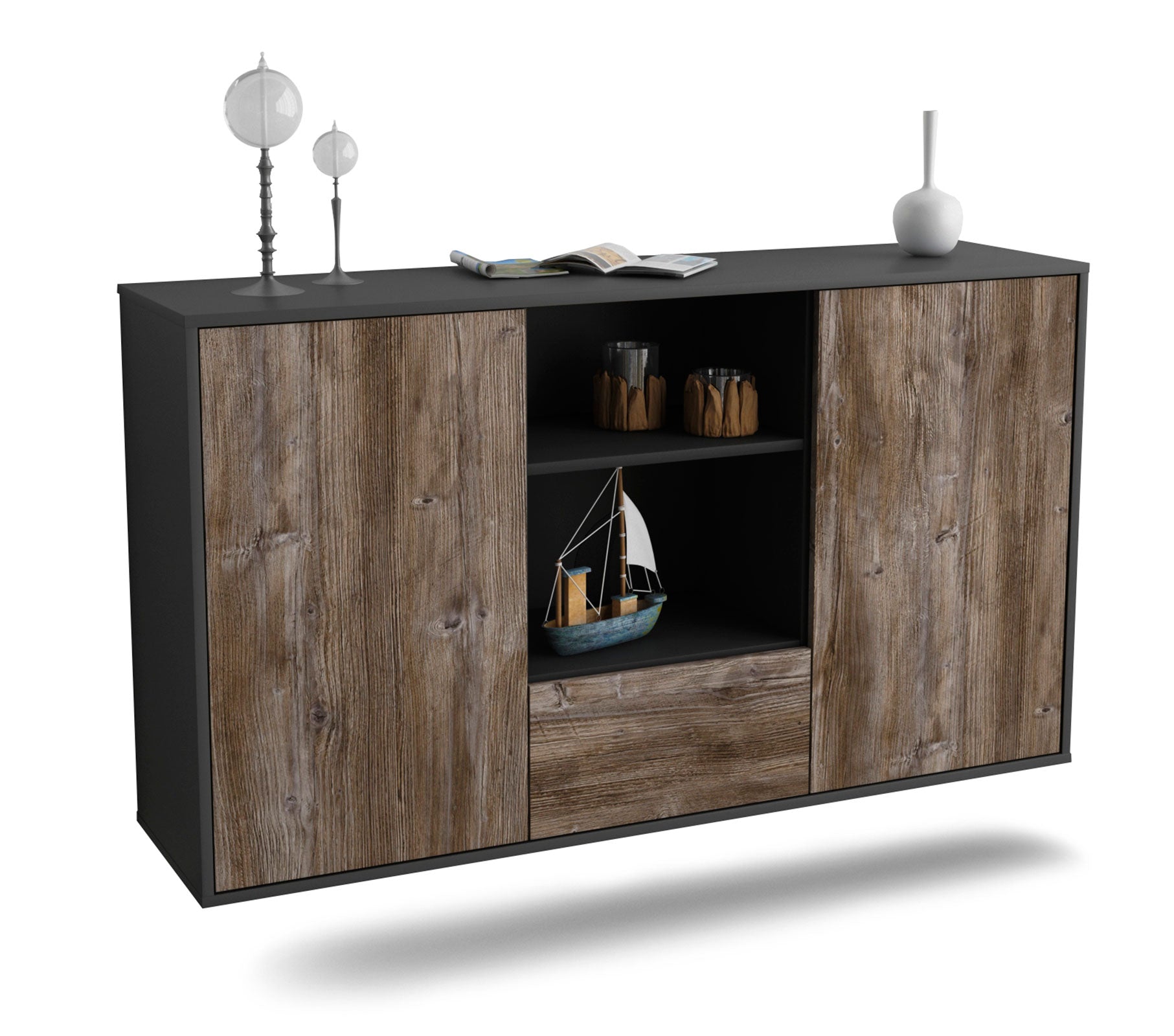Sideboard Oceanside | hängend | Korpus Anthrazit | Front in Treibholz Holz Optik | 136x79x35cm (BxHxT) 1 Sideboard Oceanside | hängend | Korpus Anthrazit | Front in Treibholz Holz Optik | 136x79x35cm (BxHxT)