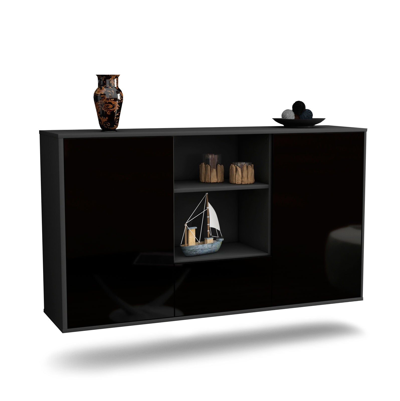 Sideboard Oceanside | hängend | Korpus Anthrazit | Front in Hochglanz Schwarz | 136x79x35cm (BxHxT) 1 Sideboard Oceanside | hängend | Korpus Anthrazit | Front in Hochglanz Schwarz | 136x79x35cm (BxHxT)