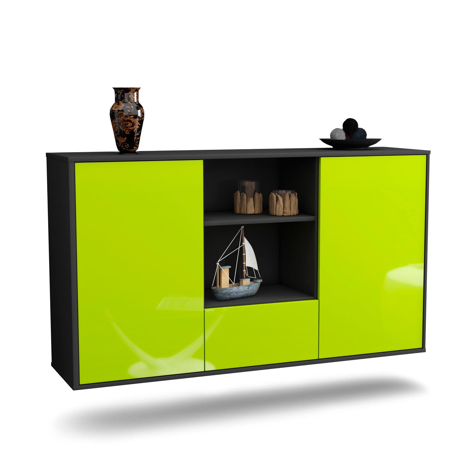 Sideboard Oceanside | hängend | Korpus Anthrazit | Front in Hochglanz Grün | 136x79x35cm (BxHxT) 1 Sideboard Oceanside | hängend | Korpus Anthrazit | Front in Hochglanz Grün | 136x79x35cm (BxHxT)