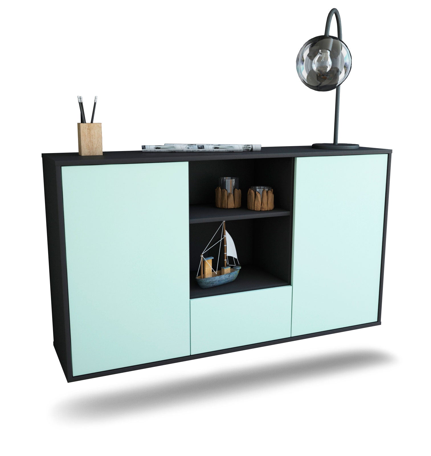 Sideboard Oceanside | hängend | Korpus Anthrazit | Front in Mint | 136x79x35cm (BxHxT) 1 Sideboard Oceanside | hängend | Korpus Anthrazit | Front in Mint | 136x79x35cm (BxHxT)