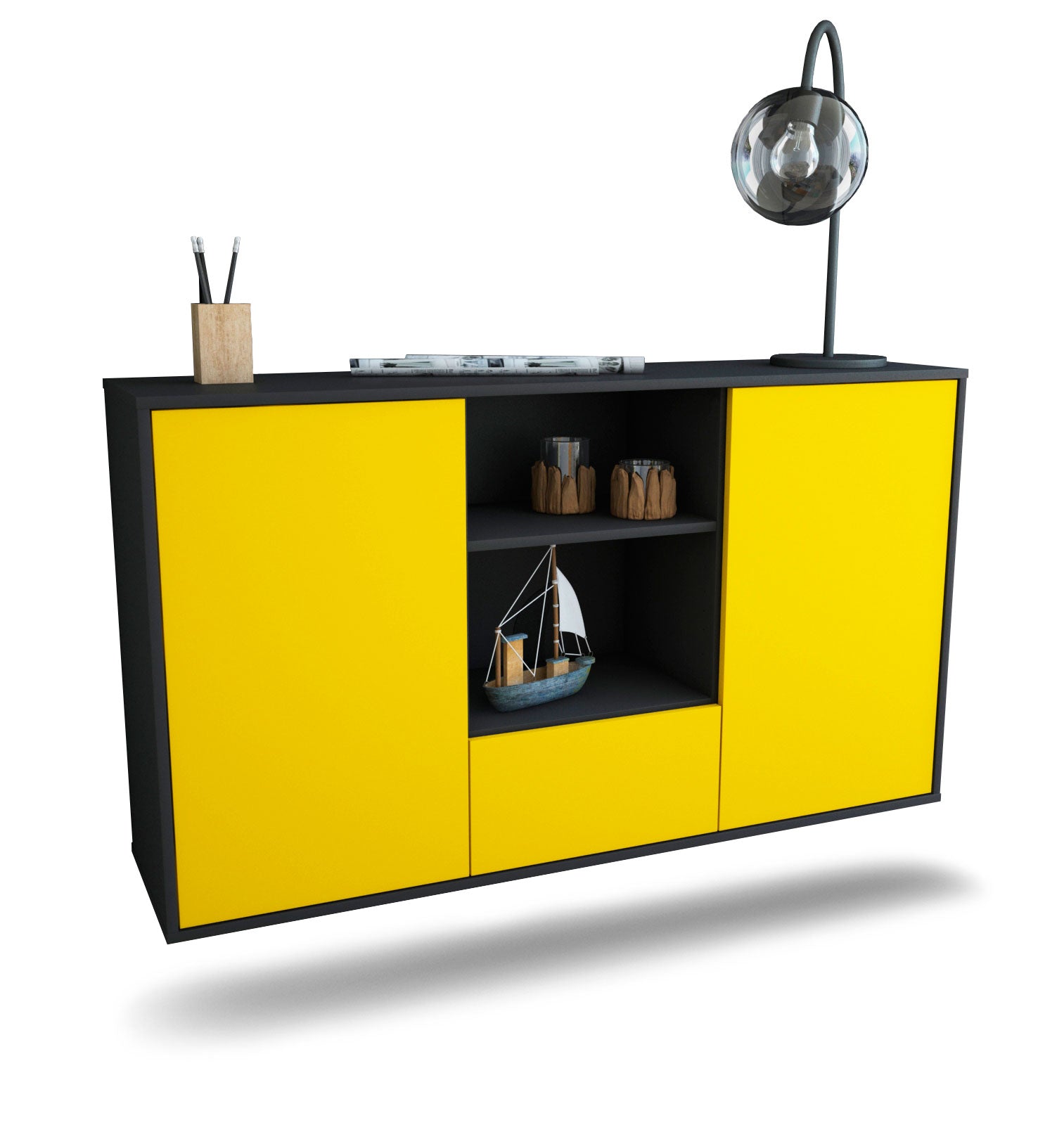 Sideboard Oceanside | hängend | Korpus Anthrazit | Front in Gelb | 136x79x35cm (BxHxT) 1 Sideboard Oceanside | hängend | Korpus Anthrazit | Front in Gelb | 136x79x35cm (BxHxT)